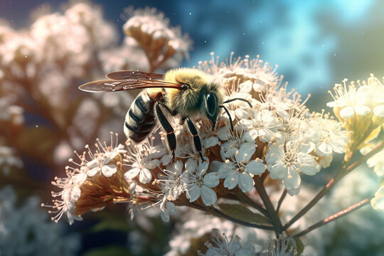 Close up of Honey Bee on White Flower Blossoms. Generative ai