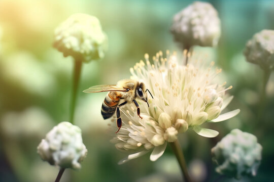 Dream Like Illustration of Honey Bee Flying Around Beautiful Clover Flowers. Generative ai