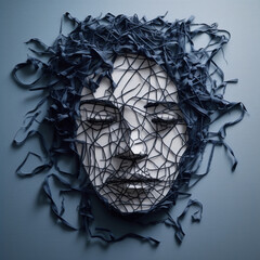 Illustration of Woman's Face made from Navy Twigs and Ribbons. Generative ai