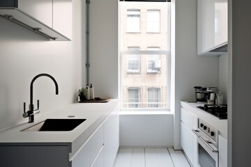 Fototapeta na wymiar tiny minimalist kitchen stove with sink small appartement