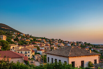 Fototapeta na wymiar Beautiful sunset view by the historical castle of Kyparissia coastal town at sunset. Located in northwestern Messenia, Peloponnese, Greece, Europe.