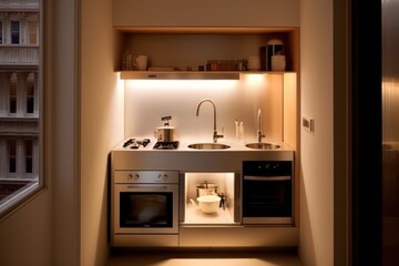 tiny minimalist kitchen stove with sink small cabinet - obrazy, fototapety, plakaty