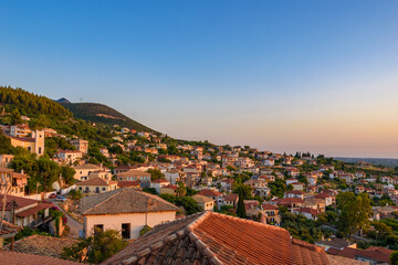 Fototapeta na wymiar Beautiful sunset view by the historical castle of Kyparissia coastal town at sunset. Located in northwestern Messenia, Peloponnese, Greece, Europe.