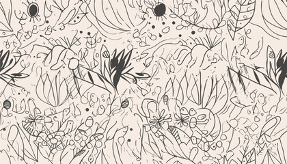 Hand drawn abstract line art flowers and shapes pattern. Collage contemporary print. Fashionable template for design
