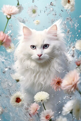 Beautiful White Cat on Floral Background. Generative ai