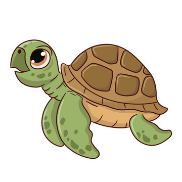 A cute smiling sea turtle cartoon style. It has green skin and a brown carapace.