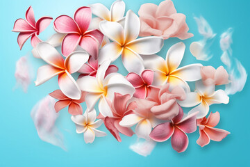 Pink and White Plumeria Flowers on Blue Background. Generative ai