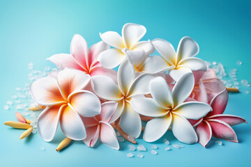 Pink and White Plumeria Flowers on Blue Background. Generative ai