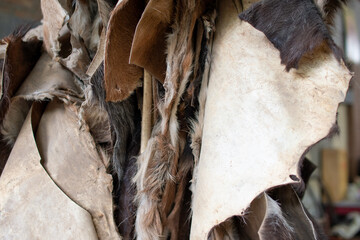 Leather textures with cowhide for the manufacture of handicrafts and musical instruments. Santiago del Estero, Argentina.