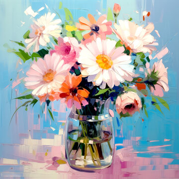 Painting depicting fresh summer flowers in vase, Still life oil painting style floral illustration. Generative AI