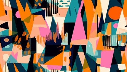 Hand drawn trendy geometric abstract print. Colorful creative collage pattern. Multicolored cartoon style illustration