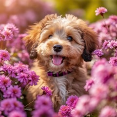 Little dog looks cute among the flowers,AI generated.