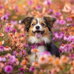 Dog standing among among the flowers in spring,AI generated.