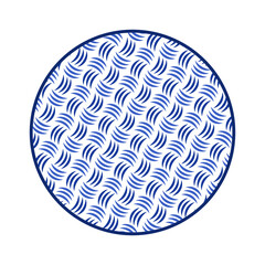 Porcelain plate with traditional blue on white design in Asian style. design pattern for background, plate, dish, bowl, lid, tray, salver, vector illustration art embroidery. curve thread cross plate.