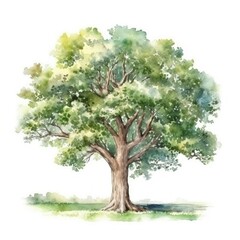 Watercolor tree illustration, green tree drawing isolated on white. Generative AI