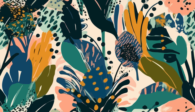 Modern abstract exotic plants pattern. Collage contemporary seamless pattern. Hand drawn ethnic style pattern