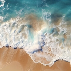 Ocean waves on the beach as a background. Beautiful natural summer vacation background holiday. Aerial top down view of beach and sea with blue water