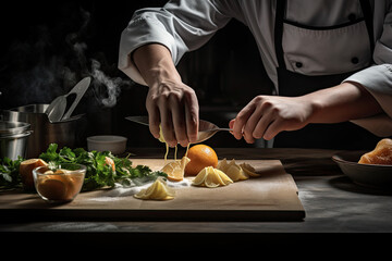 chef slicing ingredients on cutting board in kitchen, herbs, spices, freshness, nutritious, flavorful ingredients, food preparation, chef, cook, 