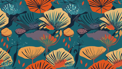 Modern exotic bohemian floral pattern. Collage vintage seamless print. Hand drawn cartoon style pattern