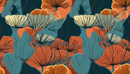 Modern exotic bohemian floral pattern. Collage vintage seamless print. Hand drawn cartoon style pattern