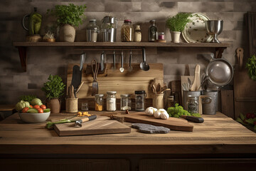 Fototapeta na wymiar kitchen with cutting board and knives, herbs, spices, freshness, nutritious and flavorful ingredients, food preparation, chef, cook, 