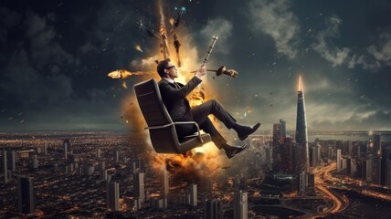 Businessman with rocket taking off as concept of business startup with sky and city background. Picturesque generative AI