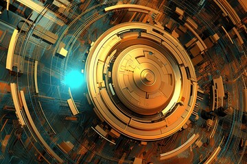 Obraz premium Fusion of geometric shapes, metallic surfaces, and illuminated lines. Generative AI