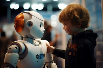 Child communicates with a small high-tech robot at home genart 2