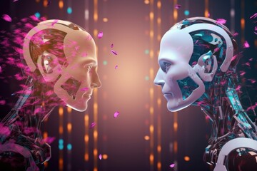 Obraz na płótnie Canvas Face-to-face close training between two AI super advanced humanoid male robots generative ai