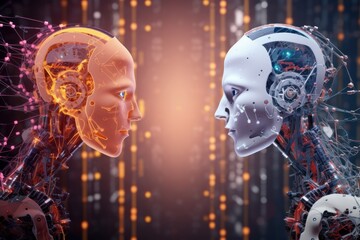 Obraz na płótnie Canvas Face-to-face close training between two AI super advanced humanoid male robots generative ai 1