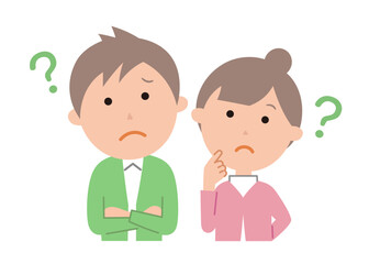 疑問に思っている若いカップル。3頭身シリーズの春秋冬バージョンです。