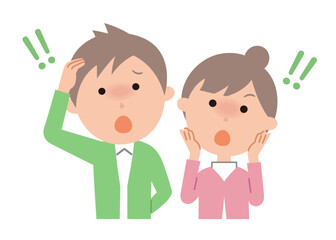 驚いている表情の若いカップル。3頭身シリーズの春秋冬バージョンです。