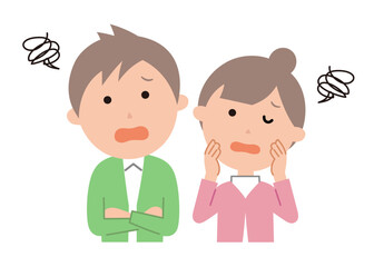 戸惑っている表情の若いカップル。3頭身シリーズの春秋冬バージョンです。