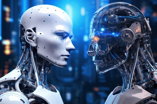 Face-to-face close training between two AI super advanced humanoid female robots generative ai