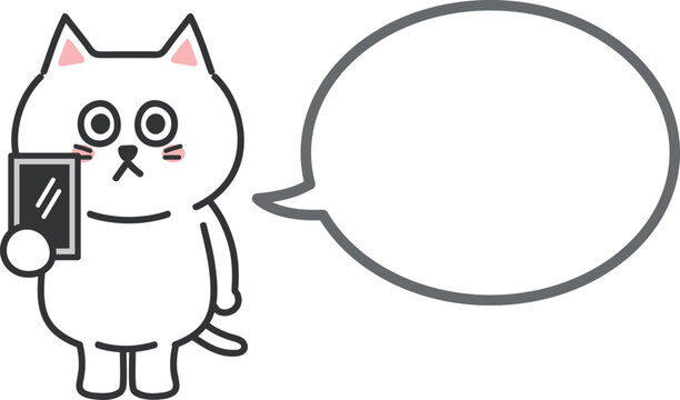 White cartoon cat talking about something while using a mobile phone. Vector illustration.