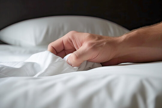 Male hand on soft bed pulling white sheets on bedroom hotel. Pleasure, erotic, ecstasy, orgasm, sex, intimacy and love and concept. Generative AI.