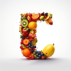 letter, alphabet, fruit, food, apple, orange, fresh, isolated, healthy, grape, banana, fruits, grapes, pineapple, diet, green, kiwi, white, ripe, red, pear, strawberry, vegetable, generative ai