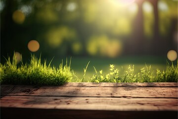 wooden table, product placement, green nature, garden background, grassy foreground wooden table, blurred green nature