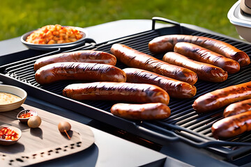 Grilled sausages are cooked on a barbecue grill, outdoors. Concept for May holidays BBQ, backyard party, summer vacation