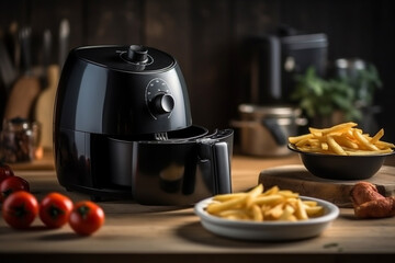 Black air fryer with tasty fries product photography. Ai generated