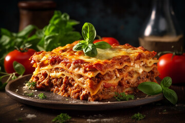 Italian lasagna product photography with natural light. Ai generated - 604394340