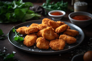 Plate of freshly cooked chicken nuggets product photography. Ai generated