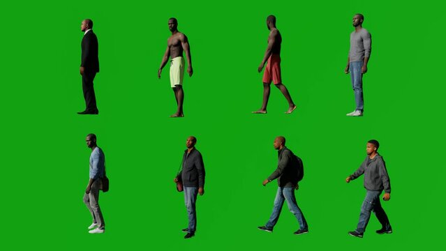 3D several male students and black swimmers on green screen background walking 