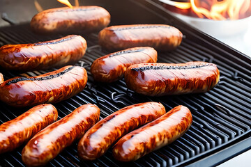 Grilled sausages are cooked on a barbecue grill, outdoors. Concept for May holidays BBQ, backyard party, summer vacation