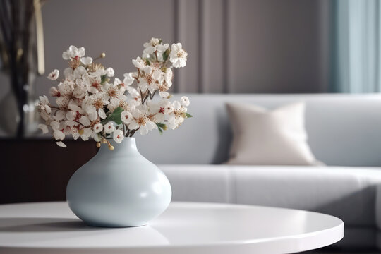 A light blue ceramic vase with a bouquet of sakura on a coffee table in a bright living room. Photorealistic illustration generative AI.