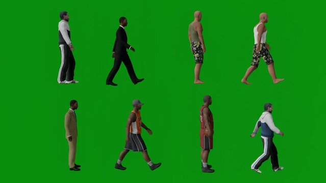 3d several different sports men on green screen walking and exercising in special clothes on the beach in several angles in chroma 4k render animation full hd animated 