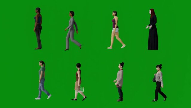 3d of several different asian women on green screen background talking and walking in game space in chroma 4k render animation full hd animated 