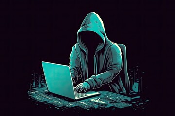 hacker stealing data .  Anonymous cute hacker. Concept of hacking cybersecurity, cybercrime, cyberattack . hacker with laptop computer 