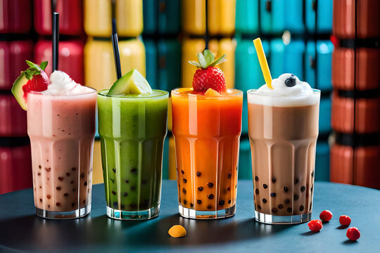 Variety of fruit cocktails, popular bubble tea, chocolate fruit flavor. Trendy Asian summer drinks