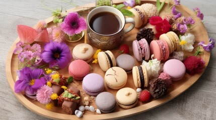 Obraz na płótnie Canvas Illustration of a wooden tray topped with freshly baked colourful macaroons and a cup of coffee created with Generative AI technology